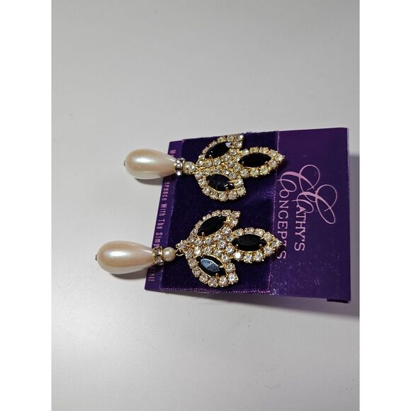 Cathy's Concepts Gold Tone Faux Pearl Black Rhinestone Dangling Earrings - Picture 8 of 9